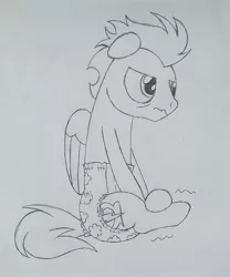 Size: 1500x1800 | Tagged: suggestive, artist:datspaniard, derpibooru import, soarin', pegasus, pony, desperation, diaper, diaper fetish, fetish, male, monochrome, need to pee, omorashi, potty emergency, potty time, pullup (diaper), sitting, solo, stallion, story in the source, traditional art