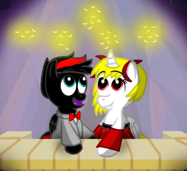 Size: 3600x3300 | Tagged: safe, artist:agkandphotomaker2000, derpibooru import, oc, oc:arnold the pony, oc:lucia nightblood, firefly (insect), insect, pony, vampire, balcony, lighting, oc x oc, pony prom, red and black oc, shipping