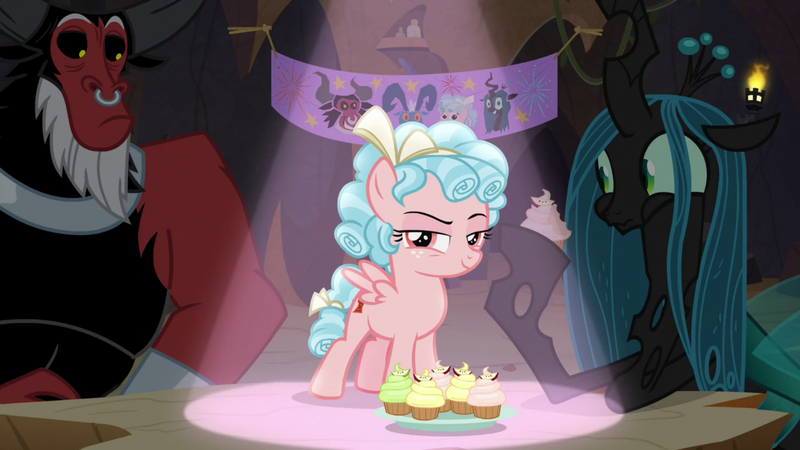 Size: 1920x1080 | Tagged: safe, derpibooru import, screencap, cozy glow, lord tirek, queen chrysalis, centaur, changeling, changeling queen, pegasus, pony, frenemies (episode), better way to be bad, cupcake, female, filly, foal, food, lidded eyes, male, nose piercing, nose ring, piercing, spotlight