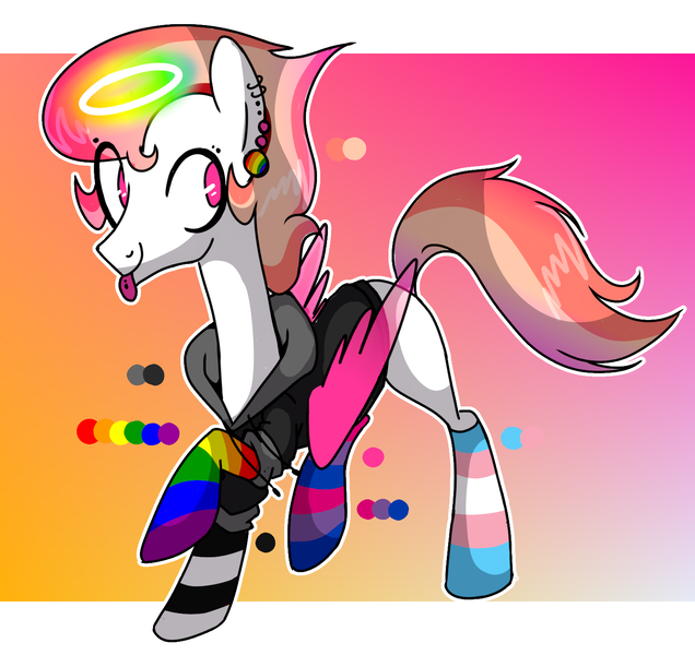Size: 1467x1384 | Tagged: safe, artist:anyazen, derpibooru import, oc, oc:pastel cloud (angel), unofficial characters only, angel pony, original species, pegasus, pony, angel, bisexual pride flag, blank flank, clothes, ear piercing, earring, eyebrow piercing, gay pride flag, halo, hoodie, jewelry, mismatched socks, nonbinary, piercing, pride, pride flag, pride month, rainbow socks, raised hoof, reference sheet, socks, solo, straight pride flag, striped socks, tongue out, tongue piercing, transgender pride flag