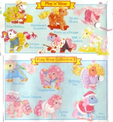 Size: 1433x1550 | Tagged: safe, derpibooru import, applejack (g1), bowtie (g1), cotton candy (g1), moondancer (g1), peachy, posey, surprise, earth pony, pony, unicorn, accessories, bathrobe, clothes, curls, curly hair, curly mane, dress, female, freckles, g1, mare, old, pajamas, pony clothes, pony wear, posie, robe, scan, scanned, scans, shoes, skiing, skis, toy, tracksuit, vintage, vintage toys