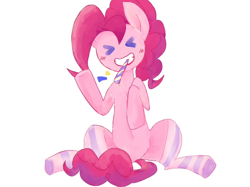 Size: 1024x768 | Tagged: safe, artist:moku, derpibooru import, pinkie pie, earth pony, pony, ><, blushing, clothes, cute, diapinkes, eyes closed, female, mare, party horn, pixiv, simple background, sitting, smiling, socks, solo, striped socks, white background