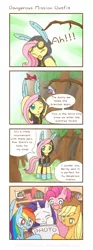 Size: 891x2386 | Tagged: safe, artist:howxu, derpibooru import, applejack, fluttershy, pinkie pie, rainbow dash, rarity, spike, bird, dragon, earth pony, pegasus, pony, unicorn, magic duel, applejack's hat, blushing, bunny ears, clothes, comic, costume, cowboy hat, dangerous mission outfit, dialogue, eyes closed, female, goggles, hat, heart, hoodie, male, mare, one eye closed, open mouth, smiling, spread wings, stetson, wingboner, wings