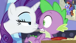 Size: 1280x720 | Tagged: safe, derpibooru import, screencap, rarity, spike, dragon, pony, unicorn, dragon dropped, boop, female, male, mare, noseboop, spike's room, tail, winged spike
