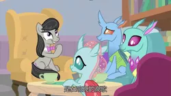 Size: 1280x720 | Tagged: safe, derpibooru import, screencap, carapace (character), ocellus, octavia melody, spiracle, changedling, changeling, earth pony, pony, a horse shoe-in, chinese text, subtitles