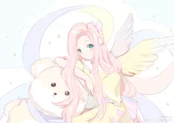 Size: 3508x2480 | Tagged: artist:幽谧blue, derpibooru import, female, fluttershy, human, humanized, looking at you, safe, solo, teddy bear, winged humanization, wings