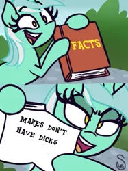 Size: 449x600 | Tagged: safe, artist:quarium edits, derpibooru import, lyra heartstrings, pony, book, cute, exploitable meme, facts, female, image macro, implied futa, lidded eyes, lyra's fact book, mare, meme, smiling, truth, twilight's fact book