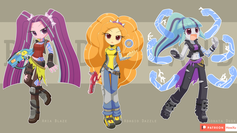 Size: 1920x1080 | Tagged: safe, artist:howxu, derpibooru import, adagio dazzle, aria blaze, sonata dusk, equestria girls, alternate costumes, amara, amara (borderlands 3), borderlands, borderlands 2, borderlands 3, clothes, cosplay, costume, crossover, cute, disguise, disguised siren, female, gun, lilith (borderlands), maya (borderlands 2), midriff, siren (borderlands), sports bra, tattoo, the dazzlings, weapon