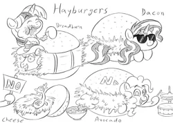 Size: 800x570 | Tagged: artist:artattax, avogadro's number, boneless, boneless 2, braeburn, burger, cheese sandwich, derpibooru import, drums, food, hamburger, hay, hayburn, implied vore, monochrome, musical instrument, pinkie pie, pun, rimshot, safe, sketch, sunglasses, sunset shimmer, twilight burgkle, twilight sparkle, visual pun