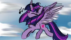 Size: 900x507 | Tagged: safe, artist:catpony13, derpibooru import, twilight sparkle, twilight sparkle (alicorn), alicorn, pony, flying, music notes, solo