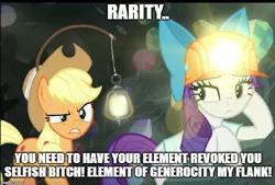 Size: 1198x812 | Tagged: safe, derpibooru import, edit, edited screencap, screencap, applejack, rarity, pony, dragon dropped, anti-rarity, applejack's hat, background pony strikes again, bitch, cowboy hat, hat, helmet, lantern, meme, mining helmet, misspelling, needs more jpeg, vulgar