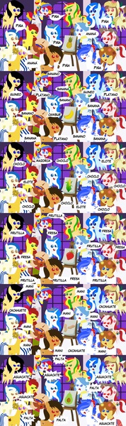 Size: 1214x4096 | Tagged: safe, artist:archooves, derpibooru import, oc, oc:anagua, oc:camila, oc:chilenia, oc:kantuta (miski' hooves), oc:middle sensitive, oc:nucita, oc:olé españa, oc:princess argenta, oc:princess guatemala, oc:princess peruvia, oc:tailcoatl, ponified, unofficial characters only, alicorn, earth pony, pegasus, pony, unicorn, angry, annoyed, argentina, avocado, banana, bolivia, chile, colombia, comic, corn, ecuador, el salvador, female, food, guatemala, honduras, mare, mexico, nation ponies, nicaragua, open mouth, paraguay, peanut, peru, pineapple, pointy ponies, smiling, spain, spanish, speech bubble, strawberry, uruguay, venezuela