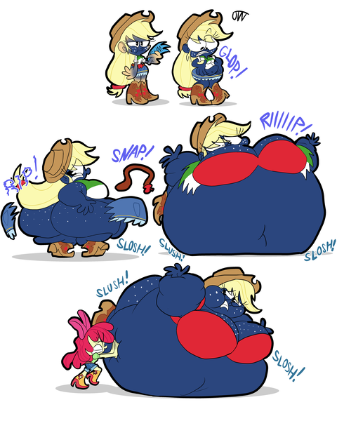 Size: 2400x3000 | Tagged: questionable, artist:joeywaggoner, derpibooru import, apple bloom, applejack, equestria girls, appleberry, applebutt, applefat, applejack's hat, belly, belly bed, belly button, belly expansion, belt, big belly, big breasts, bingo wings, blueberry inflation, boob freckles, boots, bra, breast expansion, breasts, busty applejack, butt, butt expansion, butt freckles, chest freckles, chubby cheeks, clothes, cowboy hat, eyes closed, fat, female, females only, food, freckles, gritted teeth, growth, gum, hat, high res, huge belly, huge breasts, huge butt, immobile, impossibly large belly, impossibly large breasts, impossibly large butt, inflation, large butt, onomatopoeia, pushing, ripping clothes, rolling, sequence, shirt, shoes, simple background, skirt, torn clothes, underwear, wardrobe malfunction, weight gain, white background, wide eyes