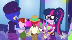 Size: 720x403 | Tagged: safe, derpibooru import, screencap, duke suave, raspberry lilac, sci-twi, space camp (character), spike, spike the regular dog, twilight sparkle, dog, equestria girls, equestria girls series, the road less scheduled, the road less scheduled: microchips, spoiler:choose your own ending (season 2), spoiler:eqg series (season 2), background human, clothes, female, geode of telekinesis, glasses, hat, holding hands, magical geodes, male, offscreen character, paws, ponytail, shorts, skirt, spike's dog collar