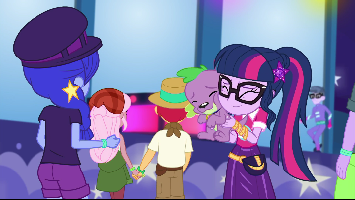 Size: 720x407 | Tagged: safe, derpibooru import, screencap, duke suave, microchips, raspberry lilac, sci-twi, space camp (character), spike, spike the regular dog, twilight sparkle, dog, equestria girls, equestria girls series, the road less scheduled, the road less scheduled: microchips, spoiler:eqg series (season 2), background human, clothes, cute, female, geode of telekinesis, glasses, holding hands, magical geodes, male, mc dex fx, ponytail, shorts, skirt, spikabetes, twiabetes