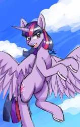 Size: 1200x1900 | Tagged: safe, artist:zachc, derpibooru import, twilight sparkle, twilight sparkle (alicorn), alicorn, pony, cloud, flying, horn, horseshoes, looking away, sky, solo, wings
