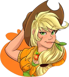 Size: 1351x1500 | Tagged: applejack, applejack's hat, arm behind head, artist:g-blue16, blushing, bust, cowboy hat, derpibooru import, element of honesty, female, flannel, freckles, hat, human, humanized, looking at you, safe, simple background, solo, straw in mouth, transparent background