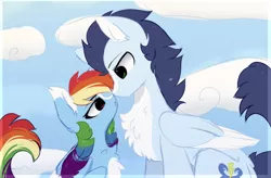 Size: 1680x1104 | Tagged: safe, artist:little-sketches, derpibooru import, rainbow dash, soarin', pegasus, pony, alternate design, blaze (coat marking), chest fluff, eye contact, female, looking at each other, male, mare, shipping, size difference, soarindash, stallion, straight, two toned wings, wings