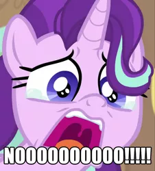 Size: 1220x1350 | Tagged: safe, derpibooru import, edit, edited screencap, screencap, starlight glimmer, pony, a horse shoe-in, big no, cropped, crying, faic, phyllis no!, sad, solo, starlight glimmer is best facemaker, text edit