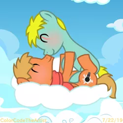 Size: 1536x1536 | Tagged: safe, artist:colorcodetheartist, derpibooru import, ponified, earth pony, pegasus, pony, blushing, bunny (south park), butters stotch, clothes, colt, eye scar, gay, kenny mccormick, laying on cloud, male, non-mlp shipping, nuzzling, scar, scarf, south park