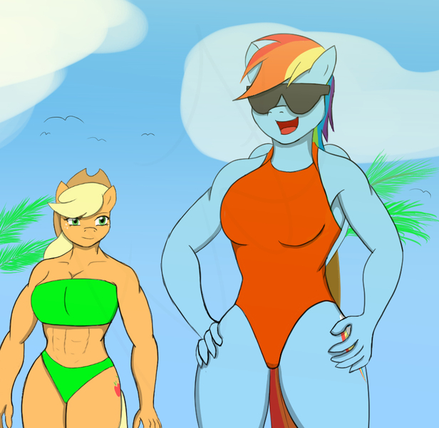 Size: 864x842 | Tagged: anthro, applejack, applejacked, applejack's hat, artist:afhybrid, beach, bikini, clothes, cowboy hat, derpibooru import, duo, duo female, female, hat, muscles, one-piece swimsuit, rainbow dash, rainbuff dash, safe, sunglasses, swimsuit