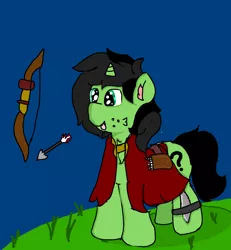 Size: 1440x1561 | Tagged: safe, artist:scotch, derpibooru import, oc, oc:anonfilly, pony, arrow, bow, bow (weapon), bow and arrow, chest fluff, cloak, clothes, dagger, female, filly, freckles, knife, quiver, tongue out, weapon