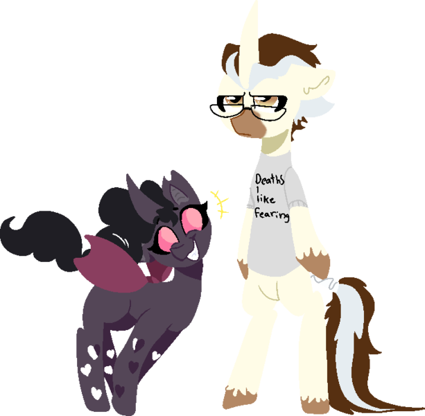 Size: 717x702 | Tagged: safe, artist:nootaz, derpibooru import, oc, oc:dazzling flash, oc:reaper, unofficial characters only, changeling, unicorn, acronym, changeling oc, clothes, dilf, father's day, glasses, horn, male, purple changeling, shirt, smiling, standing, unamused, unicorn oc