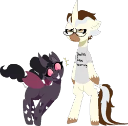 Size: 717x702 | Tagged: safe, artist:nootaz, derpibooru import, oc, oc:dazzling flash, oc:reaper, unofficial characters only, changeling, unicorn, acronym, changeling oc, clothes, dilf, father's day, glasses, horn, male, purple changeling, shirt, smiling, standing, unamused, unicorn oc