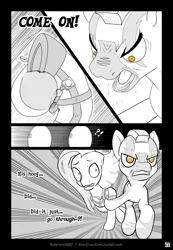 Size: 1295x1868 | Tagged: safe, artist:underwoodart, derpibooru import, pinkie pie, oc, oc:z'ian, earth pony, pony, zebra, ask pink-pony, comic, exclamation point, female, interrobang, mare, monochrome, neo noir, partial color, pinkamena diane pie, question mark, sunburst background, zebra oc