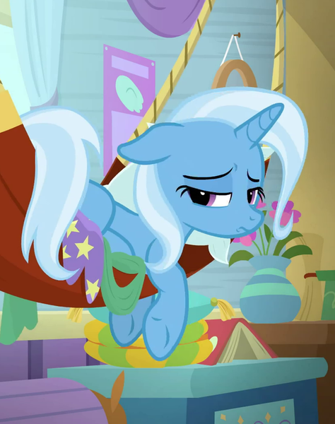 Size: 550x696 | Tagged: safe, derpibooru import, screencap, trixie, pony, a horse shoe-in, cropped, hammock, sad, trixie's wagon, underhoof