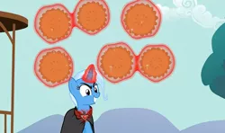 Size: 1294x768 | Tagged: alicorn amulet, derpibooru import, evil grin, food, grin, magic duel, pie, safe, screencap, smiling, soarin' fuel, trixie