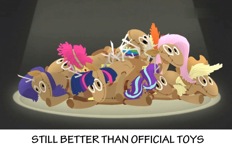 Size: 1278x824 | Tagged: safe, derpibooru import, edit, edited screencap, screencap, applejack, fluttershy, pinkie pie, rainbow dash, rarity, starlight glimmer, twilight sparkle, pony, frenemies (episode), doll, mane six, toy