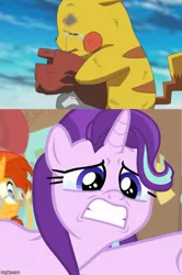 Size: 500x751 | Tagged: safe, derpibooru import, screencap, starlight glimmer, pikachu, pony, a horse shoe-in, crying, dramatic, phyllis no!, pokemon the movie: i choose you!, pokémon, sad, school, starlight glimmer is best facemaker