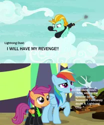 Size: 1104x1330 | Tagged: safe, derpibooru import, screencap, lightning dust, rainbow dash, scootaloo, pegasus, pony, the washouts (episode), clothes, cloud, end of ponies, female, flying, meta, raised hoof, the end is neigh, the washouts, uniform, washouts uniform