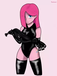 Size: 1024x1366 | Tagged: suggestive, artist:omolonuem, derpibooru import, pinkie pie, human, cat o' ninetails, clothes, evening gloves, female, gloves, humanized, image, jpeg, kinkamena, latex, latex gloves, latex leotard, latex stockings, long gloves, pink background, pinkamena diane pie, simple background, socks, solo, standing, stockings, thigh highs, whip