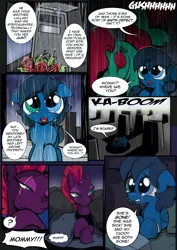 Size: 2481x3508 | Tagged: semi-grimdark, artist:dsana, derpibooru import, fizzlepop berrytwist, tempest shadow, oc, oc:lullaby dusk, pegasus, pony, unicorn, comic:a storm's lullaby, broken horn, cemetery, comic, confession, crying, dream, eye scar, heterochromia, horn, memory, night, remembering, scar