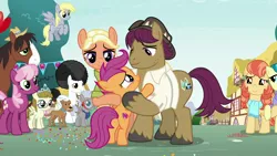 Size: 1920x1080 | Tagged: safe, derpibooru import, screencap, aunt holiday, cheerilee, chipcutter, derpy hooves, mercury, ripley, scootaloo, snap shutter, starry eyes (character), trouble shoes, zippoorwhill, pony, the last crusade, afro, hug