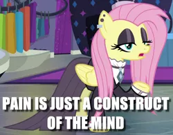 Size: 780x610 | Tagged: caption, clothes, derpibooru import, dress, edit, edited screencap, fake it 'til you make it, fluttergoth, fluttershy, goth, image macro, safe, screencap, text