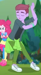 Size: 366x668 | Tagged: safe, derpibooru import, screencap, duke suave, pinkie pie, accountibilibuddies, equestria girls, equestria girls series, spoiler:choose your own ending (season 2), spoiler:eqg series (season 2), background human, clothes, dancing, eyes closed, female, geode of sugar bombs, hair bun, legs, magical geodes, male, pants, pantyhose, shoes, skirt, sneakers