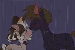 Size: 500x333 | Tagged: safe, artist:laceymod, derpibooru import, oc, oc:lovelace, oc:loveless (laceymod), oc:morroder, pegasus, pony, unicorn, female, hat, kissing, male, mare, rain, stallion