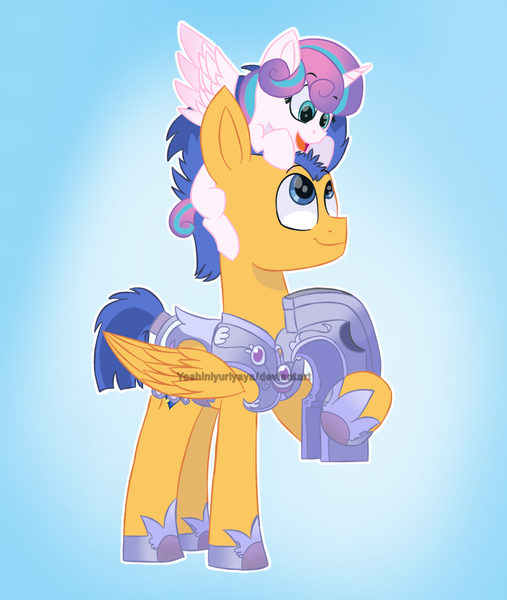 Size: 857x1014 | Tagged: safe, artist:yoshiniyuriyaya, derpibooru import, flash sentry, princess flurry heart, alicorn, pegasus, pony, armor, cute, diasentres, duo, equestria's best uncle, female, flurrybetes, gradient background, guardian, hoof shoes, male, pony hat, pony ride, royal guard armor, uncle flash, watermark, wholesome