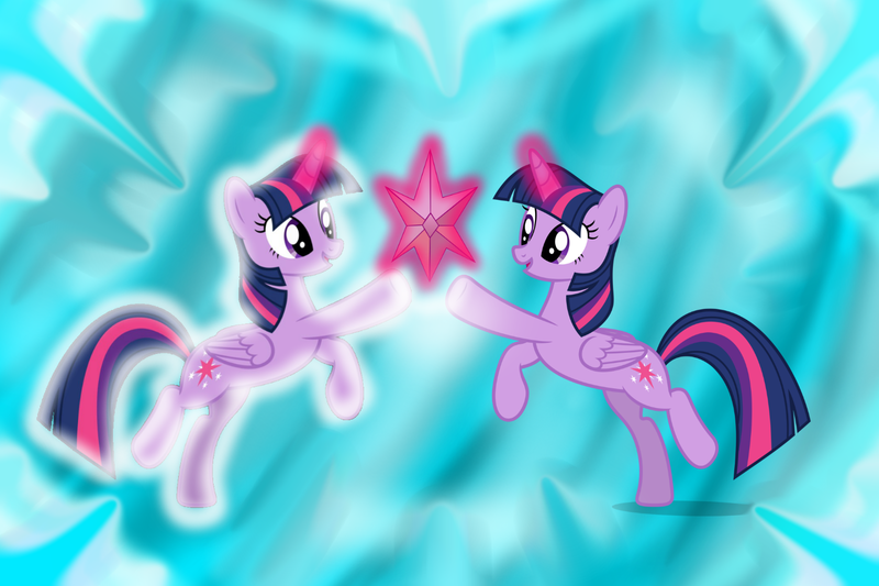 Size: 1500x1000 | Tagged: safe, artist:luckreza8, derpibooru import, editor:katya, twilight sparkle, twilight sparkle (alicorn), alicorn, pony, duality, magic, self ponidox, shining, vector