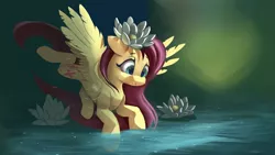 Size: 4000x2250 | Tagged: safe, artist:auroriia, derpibooru import, fluttershy, pegasus, pony, cute, female, flower, flower in hair, lilypad, looking at something, looking down, lotus (flower), mare, shyabetes, solo, spread wings, three quarter view, water, wings