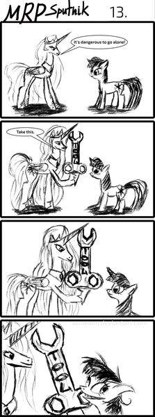 Size: 800x2153 | Tagged: suggestive, artist:umneem, derpibooru import, princess celestia, twilight sparkle, alicorn, pony, unicorn, comic, hoof hold, hoof shoes, it's dangerous to go alone, lineart, monochrome, mouth hold, mrp:sputnik, the legend of zelda, unicorn twilight, wrench