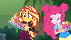 Size: 1914x1080 | Tagged: safe, derpibooru import, screencap, pinkie pie, sunset shimmer, equestria girls, equestria girls series, wake up!, spoiler:choose your own ending (season 2), spoiler:eqg series (season 2), bread, cake, candy, croissant, donut, duo, duo female, female, food, frosting, jelly beans, junk food, outdoors, pastries, pastry, this will end in diabetes, waffle, wake up!: pinkie pie
