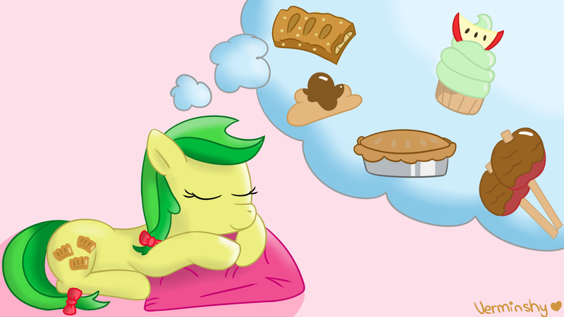 Size: 1920x1080 | Tagged: apple, apple family member, apple fritter, apple fritter (food), applejack, applepie, artist:verminshy, candy apple (food), cupcake, derpibooru import, dream, female, food, lesbian, pie, pillow, pinkie pie, safe, shipping, sleeping