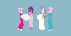 Size: 5760x2928 | Tagged: safe, artist:wyntermoon, derpibooru import, princess flurry heart, oc, oc:beryl (discoshy), oc:bundle joy, oc:melody aurora, hybrid, equestria girls, adult, barefoot, belly, belly button, big belly, collaboration, colored background, colorer:ngkq, cousins, equestria girls-ified, feet, huge belly, hyper, hyper belly, hyper pregnancy, impossibly large belly, interspecies offspring, multiple pregnancy, offspring, older, older flurry heart, outie belly button, parent:discord, parent:flash sentry, parent:fluttershy, parent:twilight sparkle, parents:discoshy, parents:flashlight, pregnant, pregnant equestria girls