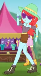 Size: 330x612 | Tagged: safe, derpibooru import, screencap, peppermint azure, scribble dee, accountibilibuddies, equestria girls, equestria girls series, spoiler:choose your own ending (season 2), spoiler:eqg series (season 2), background human, clothes, female, hat, legs, shorts, solo, sunglasses, tongue out