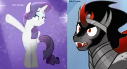 Size: 1746x960 | Tagged: safe, derpibooru import, screencap, king sombra, rarity, pony, unicorn, fake it 'til you make it, the beginning of the end, armor, bedroom eyes, bipedal, cape, caption, clothes, cute, dialogue, fangs, female, funny, image macro, in love, male, mare, pose, shipping, sombradorable, sombrarity, stallion, straight, text