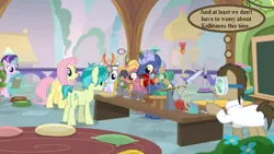 Size: 592x333 | Tagged: a horse shoe-in, bird, chalkboard, classroom, cropped, derpibooru import, doctor who, doctor whooves, edit, edited screencap, erlenmeyer flask, fan, fire flicker, fluttershy, friendship student, midnight snack (character), pillow, safe, sandbar, school of friendship, school reunion, scissors, screencap, starlight glimmer, summer meadow, thought bubble, time turner, weight